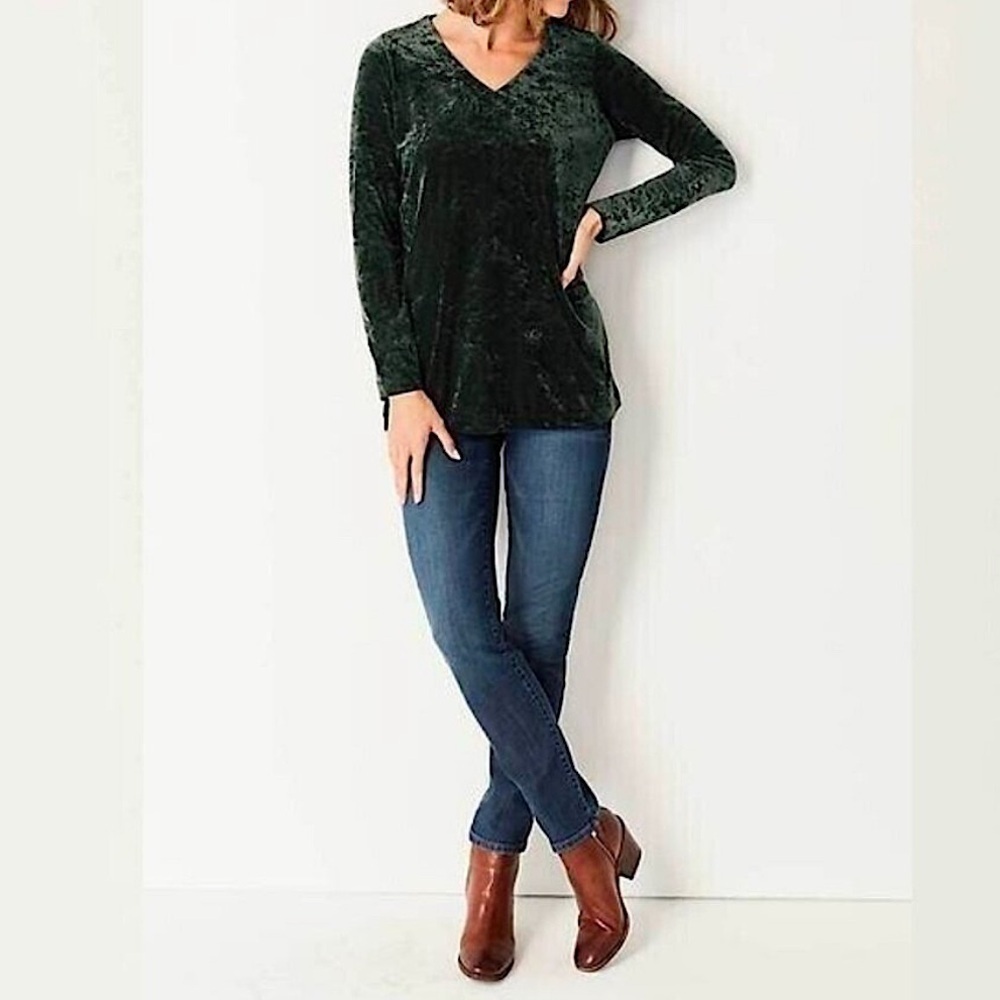 J. Jill Perfect Relaxed V-Neck‎ Crushed Velvet Shirred-Back Top Forest Green M